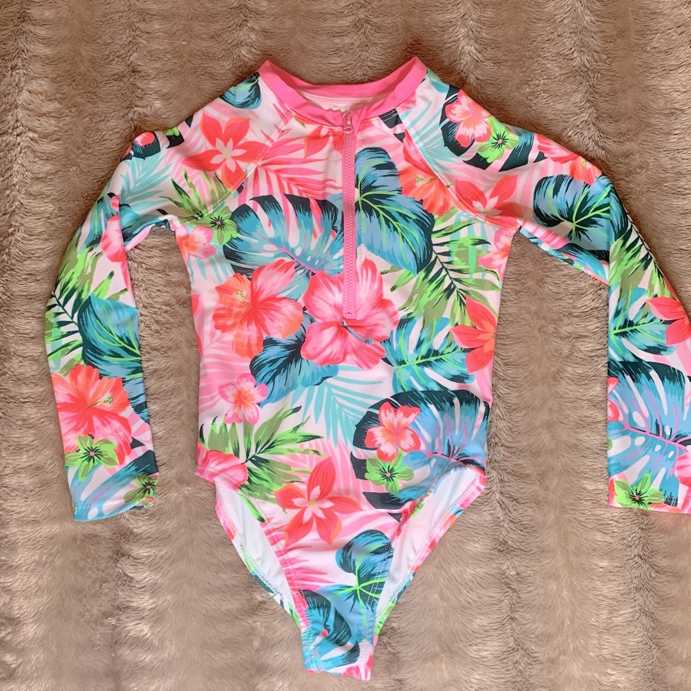 NWOT Girls' Long Sleeve Floral Zip Swimsuit